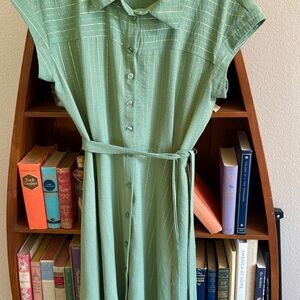 Chic Nina Leonard Sage Green Striped Midi Dress with gold thread.
